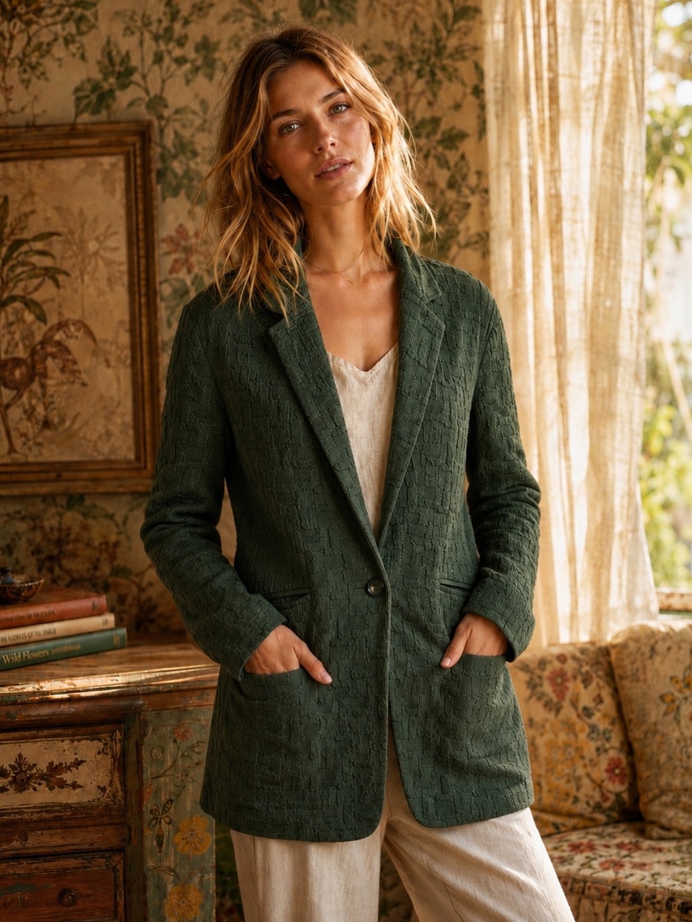 Anthropologie Cartonnier Green Textured Cotton Jacket Small‎
